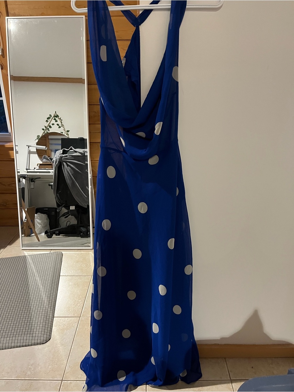 NWT Zara Blue Polka Dot Cowl Neck Maxi Dress